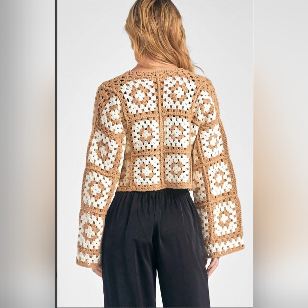 Elan Crochet Cardigan - Cream and Tan - Picture 2 of 6